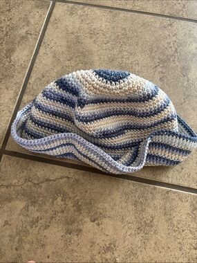 Y2k Style Blue, Cream, and White Knit Bucket Hat